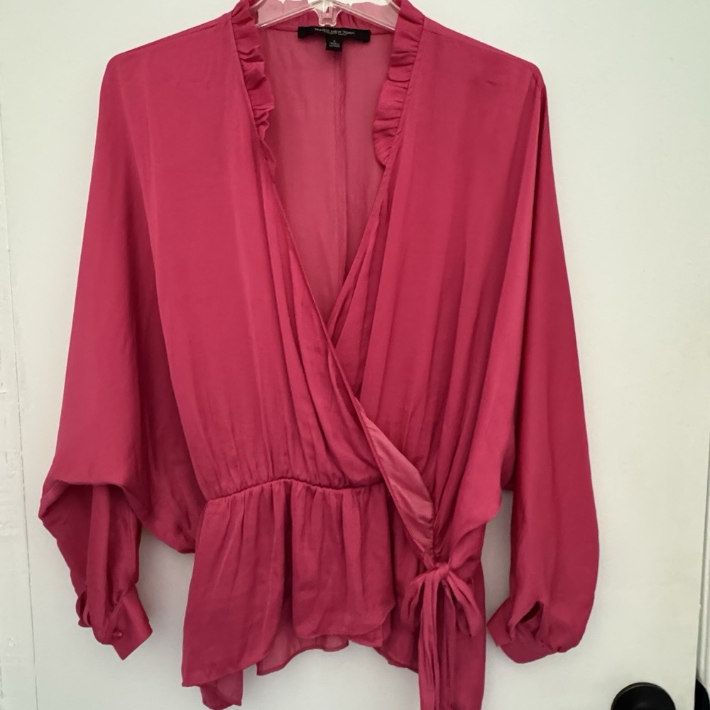 MARC NEW YOURK Blouse Womens L Faux Wrap Hot Pink V Ruffled Neck Barbie Outing